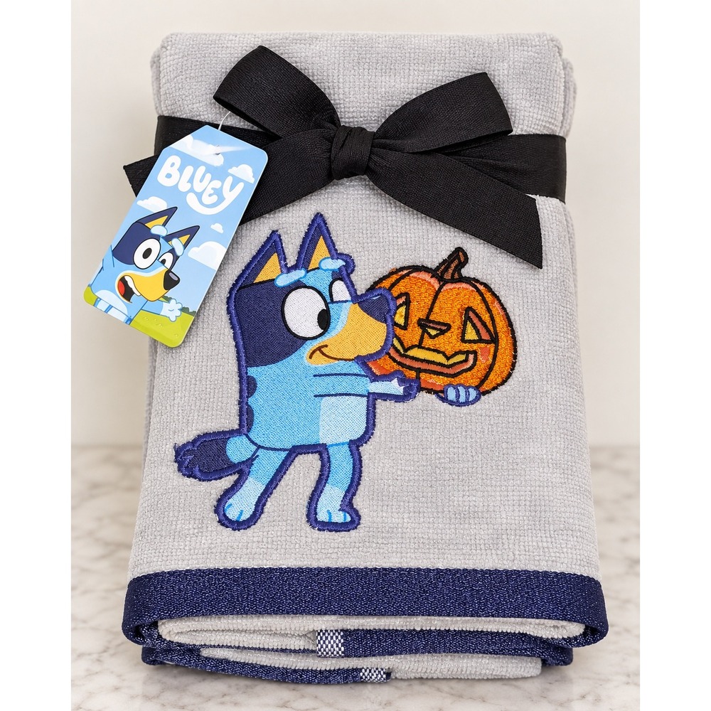Bluey Halloween Hand Towels 2 Pack Gray Cotton Embroidered Pumpkin 16x28 NEW